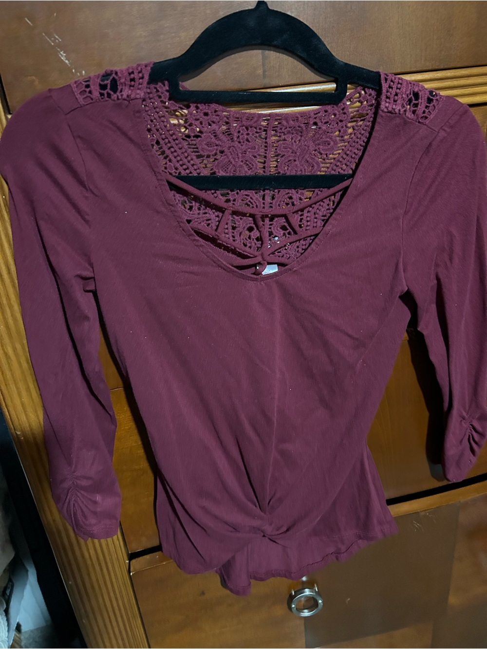 No Boundaries Burgundy Lace-Back Twist Long Sleeve Top